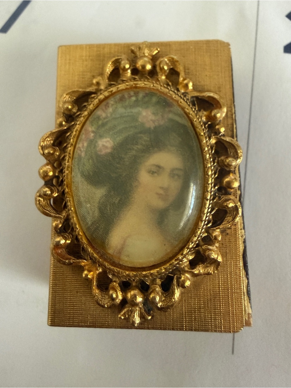 Gold-Tone Cameo Portrait Brooch in Matchbook holder